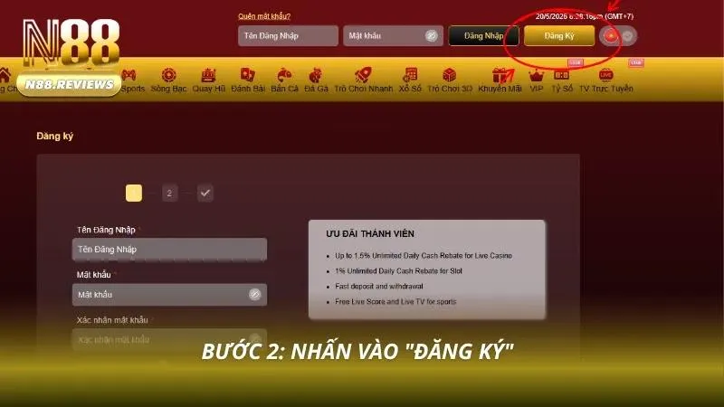 Đăng Ký N88 Chỉ 60 Giây - Nhận Thưởng Tân Thủ 150% Tiền Nạp Nút tạo tài khoản hiển thị nổi bật ngay trên giao diện chính