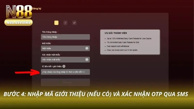 Đăng Ký N88 Chỉ 60 Giây - Nhận Thưởng Tân Thủ 150% Tiền Nạp Mã OTP được gửi trực tiếp về điện thoại sau vài giây xác nhận