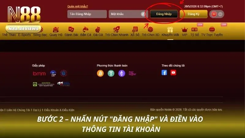 Đăng Nhập N88 - 4 Bước Nhanh, Bật 2FA Và Xử Lý Lỗi Thường Gặp Form với ô Username và Password, nút