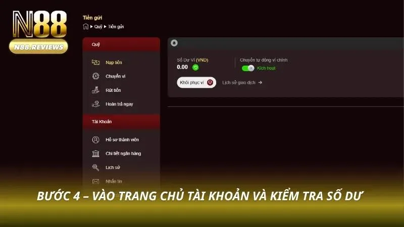 Đăng Nhập N88 - 4 Bước Nhanh, Bật 2FA Và Xử Lý Lỗi Thường Gặp Màn hình trang chủ sau đăng nhập với số dư ví, sảnh game, khuyến mãi